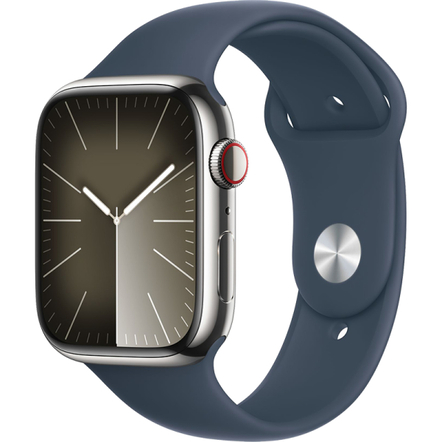 Apple Watch Series 9 45mm Graphite Stainless Steel with Storm Blue Sport Band, S/M (MRPG3)